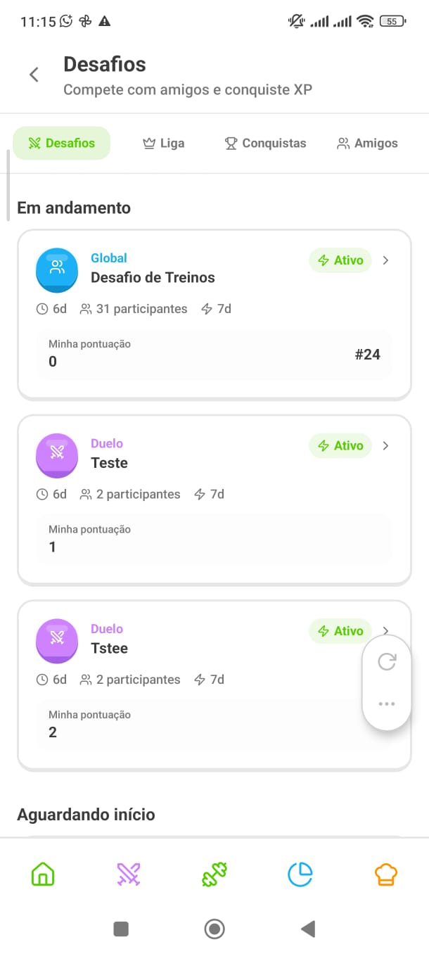 Tela de desafios e ranking do Liftz
