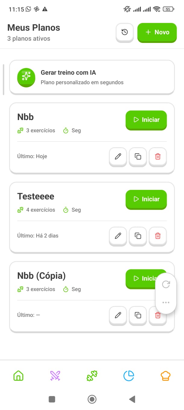 Tela de planos de treino do Liftz